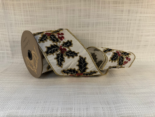 Sequin Embroidered Holly Ribbon - 4" x 5 Yards