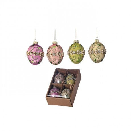 Jeweled Fleurette Egg Glass Ornament Box Set – 3.5"