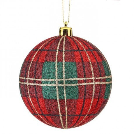 100mm Red & Green Plaid Glitter Shatterproof Ornament