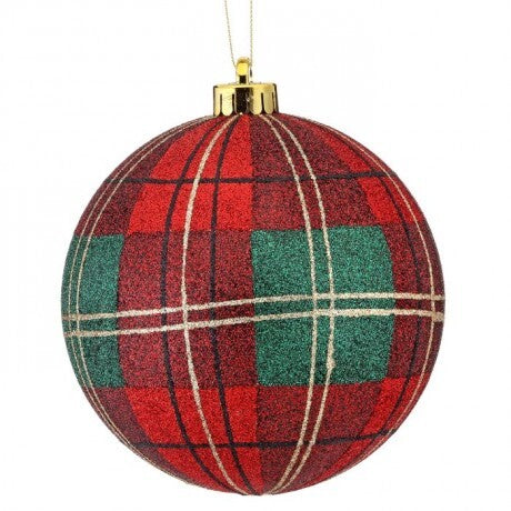 140mm Red & Green Plaid Glitter Shatterproof Ornament