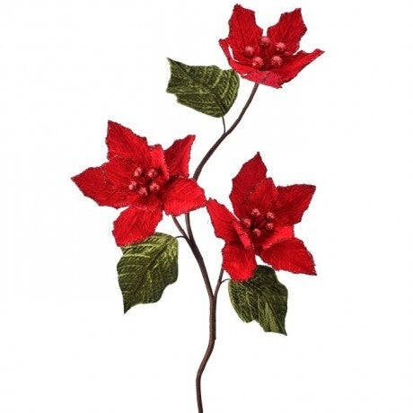 24" Glitter Edge Red Velvet Poinsettia Spray
