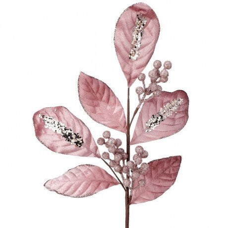 22" Blush Pink Glittered Leaf Berry  Spray