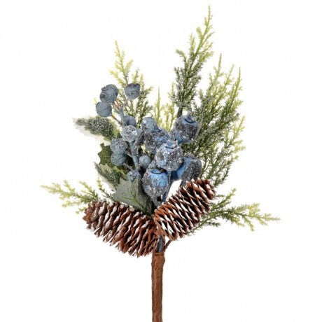 14" Frosted Blue Berry & Pinecone Pick