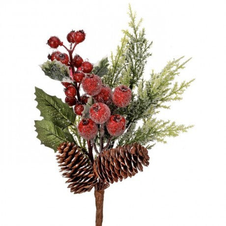 14" Beaded Red Berry, Cedar, & Pinecone Pick