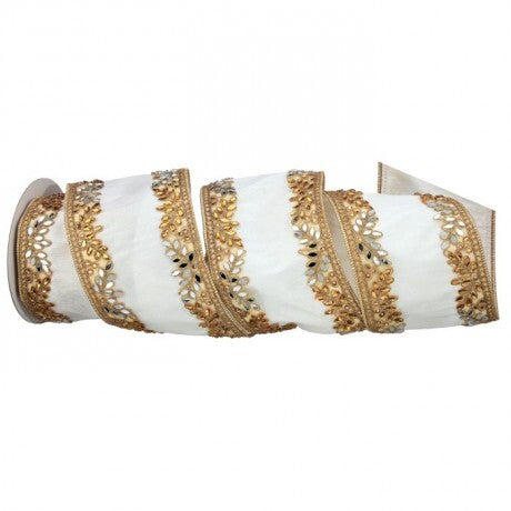 Ivory & Gold Embellished Ribbon – 4" x 5 Yards