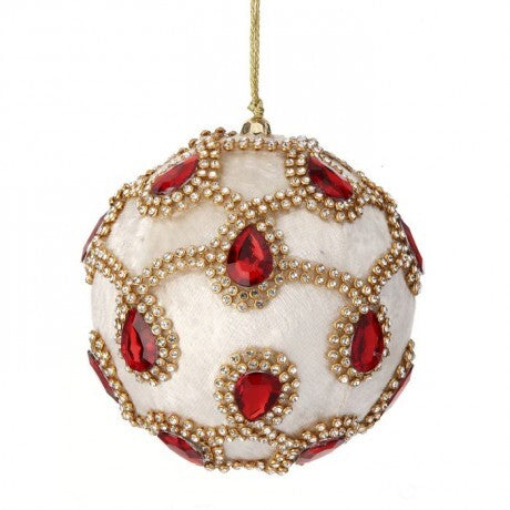 4" Ivory Jeweled Ornament with Red Teardrop Gems