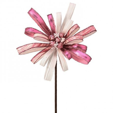 18" Pink & White Glitter Ribbon Spray Pick