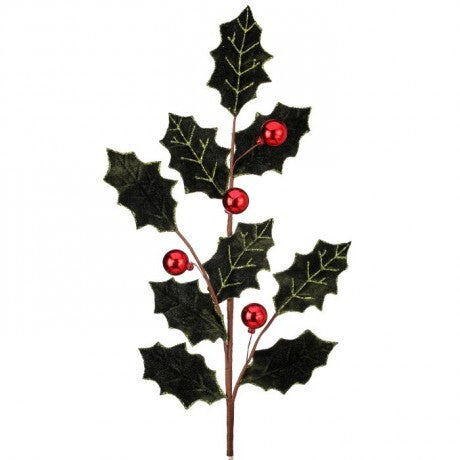 27" Velvet Holly Leaf Spray with Red Berries