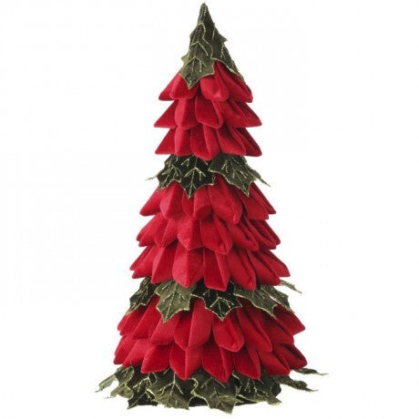 20" Red Velvet Leaf Christmas Tree with Holly Trim