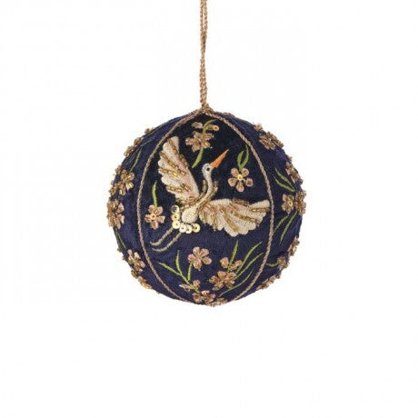 3.5" Embroidered Bird &amp; Floral Velvet Ornament – Blue &amp; Gold