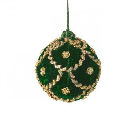 4" Green Jeweled Scalloped Velvet Ball Ornament