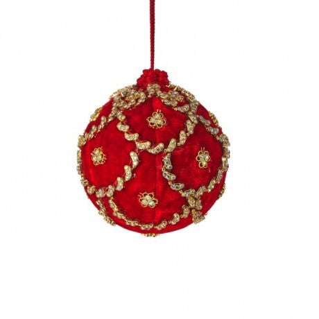 4" Red Jeweled Scalloped Velvet Ball Ornament