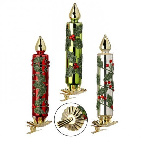 Glass Candle Clip-On Ornaments with Holly & Berries – 6"