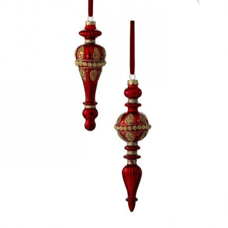 Jeweled Red & Gold Mercury Glass Finial Ornaments