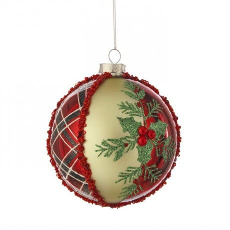 Plaid & Holly Glass Ornament – 4"