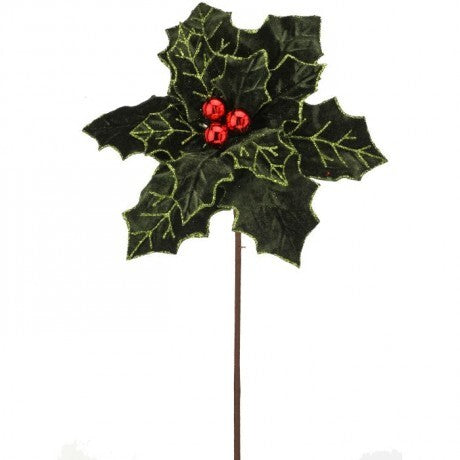 22" Velvet Holly Leaf Spray with Red Berries
