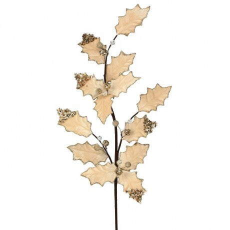 Ivory & Champagne Holly Spray – 29"