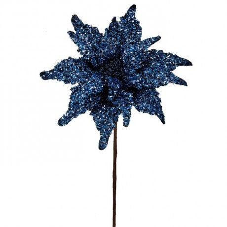 22" Midnight Blue Sequin Glitter Poinsettia Stem