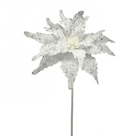 22" White Sequin Glitter Poinsettia Stem