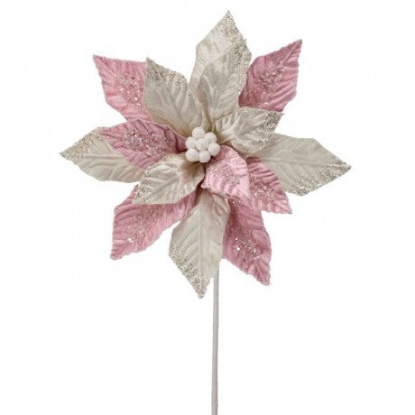 22" Sugared Glittered Poinsettia Stem – Pink & Cream