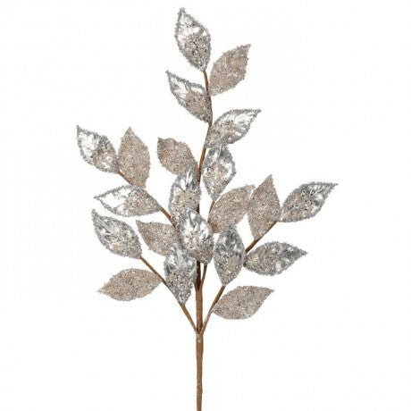 27" Platinum Glittered Leaf Spray