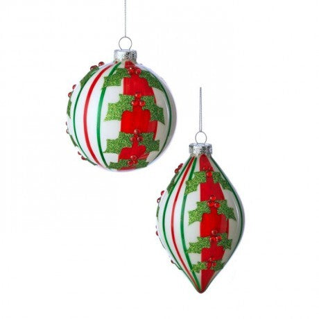 Holly Stripe Glass Ornaments – 4–6" (Sold Separately)