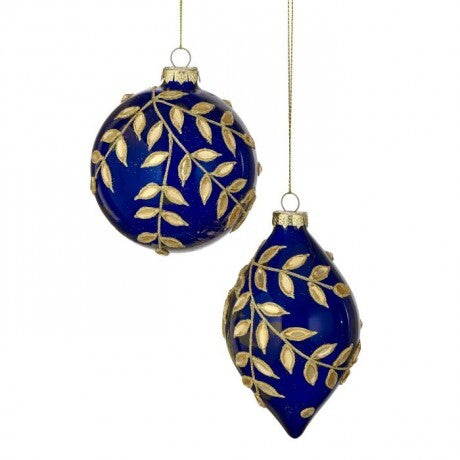 Cobalt & Gold Leaf Ornaments – 4"–6" (Sold Separately)