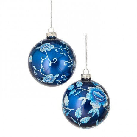 Blue & White Floral Glass Ball Ornament
