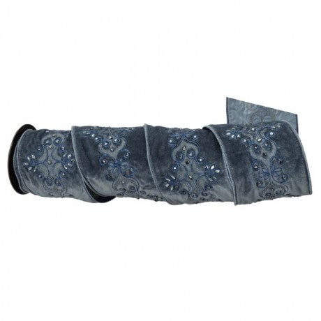 Blue Velvet Ribbon with Beaded Scroll Design – 4" x 5 Yards