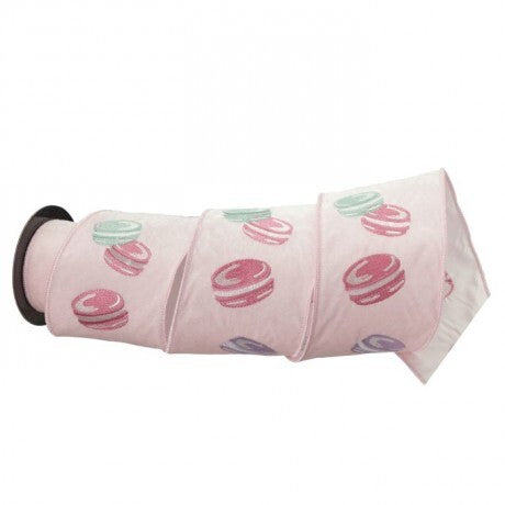 Pink Velvet Ribbon with Macaron Design – 4" x 5 Yards