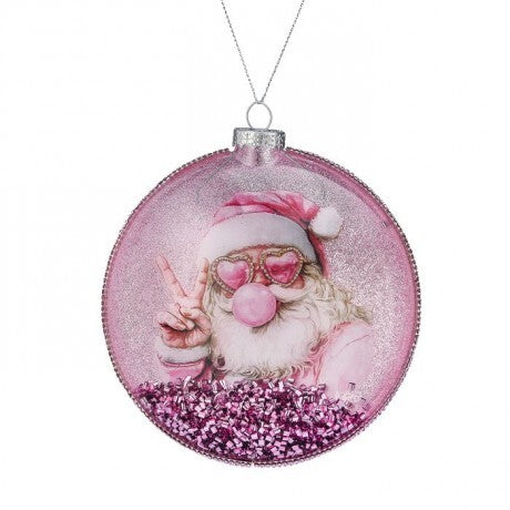 5" Pink Bubblegum Santa Glass Disk Ornament