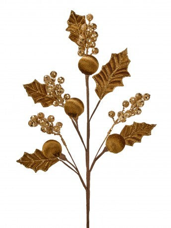 24" Gold Velvet Holly & Berry Spray