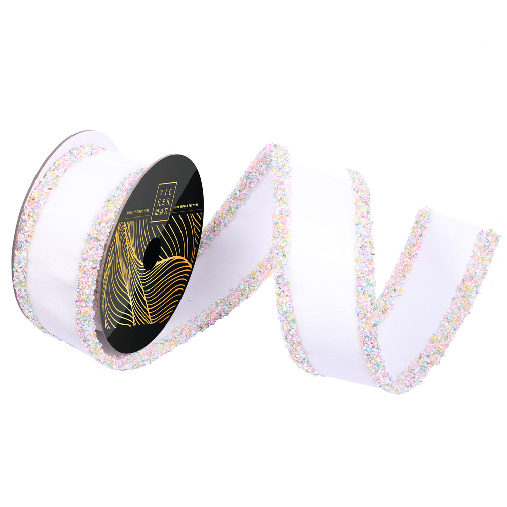 2.5" x 5 Yards White Velvet Ribbon with Iridescent Beaded Edge