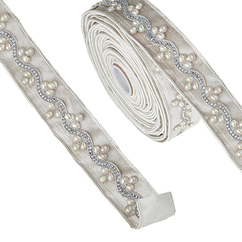 Platinum Velvet Pearl & Crystal Ribbon – 2” x 10 Yards