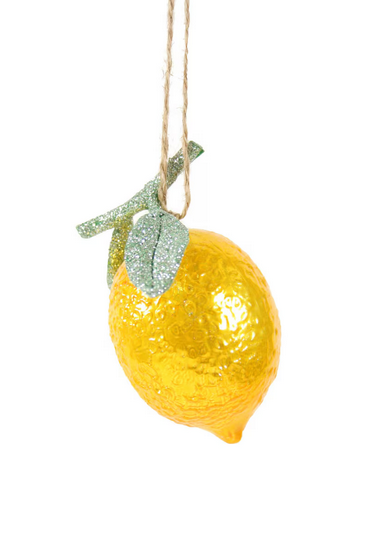 Glass Lemon Ornament with Glitter Leaves