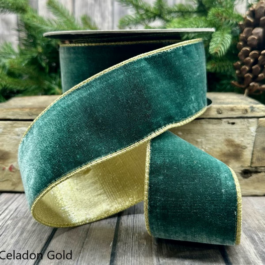 Celadon Velvet with Gold Backing, 2.5" x 10 Yards