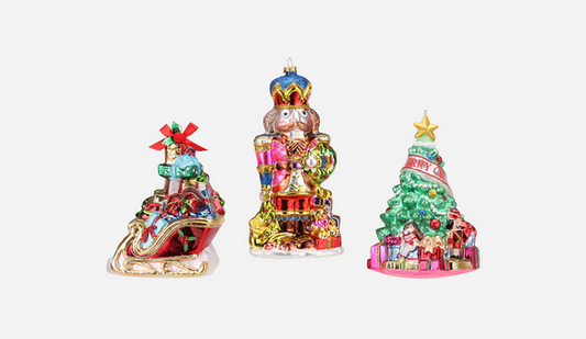 Festive Glass Ornaments – Sleigh, Nutcracker, Tree