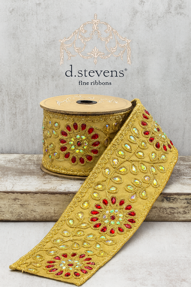 D. Stevens 2.5" x 5yds Metallic Dupion Jeweled – Red and Gold