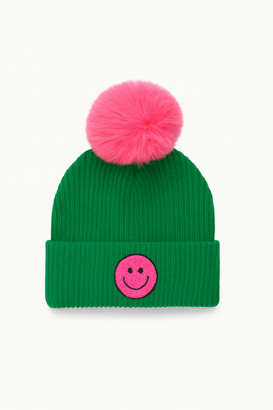 Green Beanie with Pink Pom & Smiley Patch – Youth Size