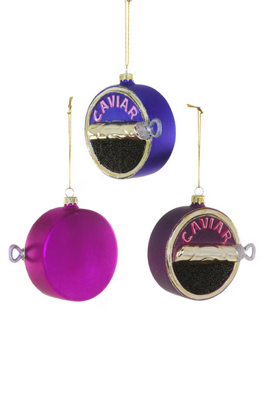 Glass Caviar Tin Ornaments – Blue, Fuchsia, or Purple