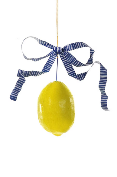 Paper Mache Lemon Ornament with Blue Stripe Bow