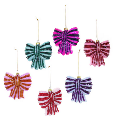 Striped Bow Ornament | Glass – 4"