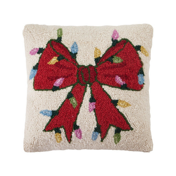 Christmas Lights Bow Hooked Pillow – 14" x 14"