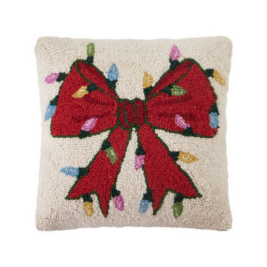 Christmas Lights Bow Hooked Pillow – 14" x 14"