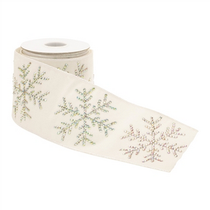 Iridescent Rhinestone Snowflake White Velvet Ribbon, 4" x 5 Yards