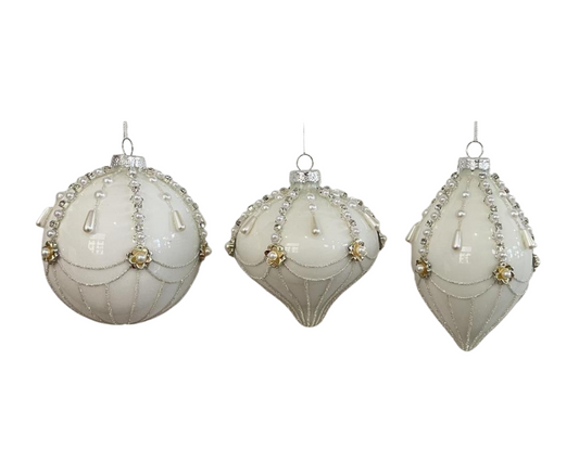 Ivory Jeweled Glass Ornaments – Sold Separately