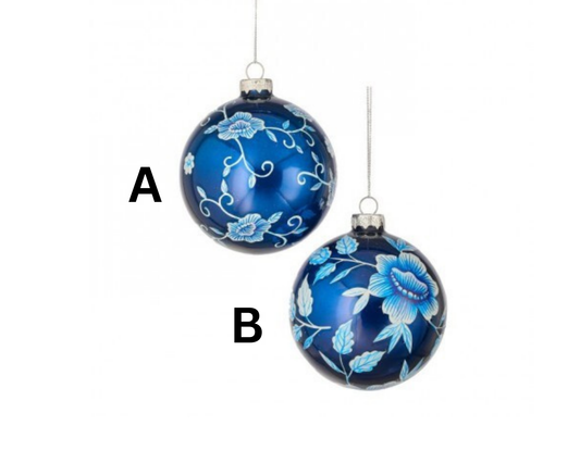 4" Blue Floral Glass Ornament – Sold Separately