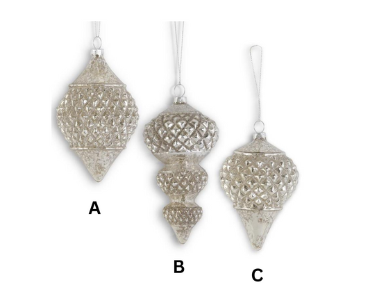6" Glittered Silver Mercury Glass Finial Ornaments – Sold Separately