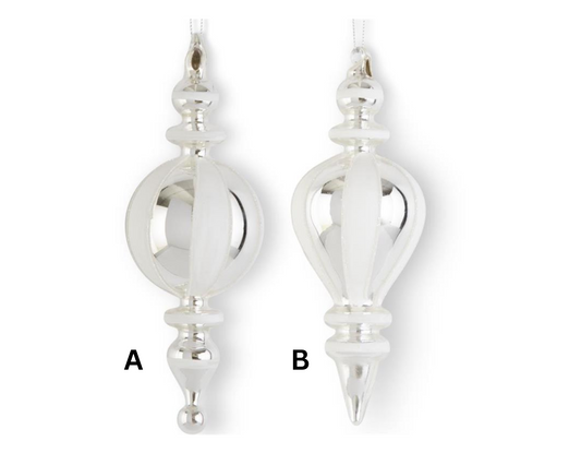 6" White & Silver Striped Glass Finial Ornament
