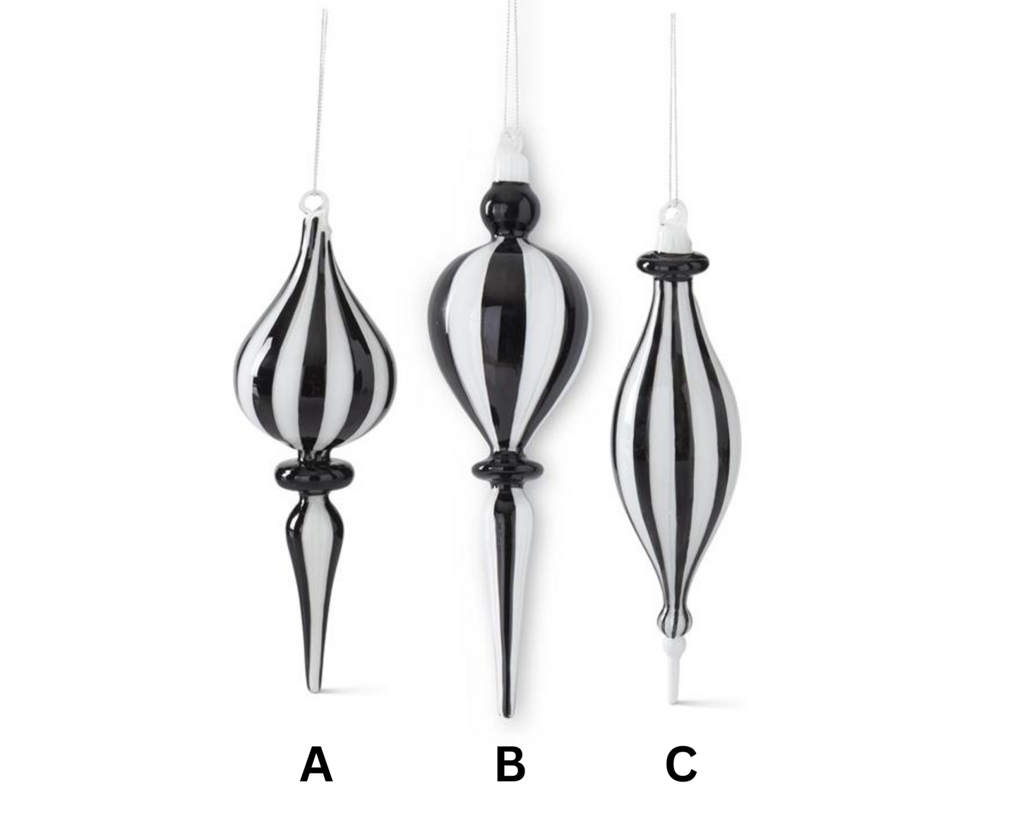 Black & White Striped Glass Finial Ornaments – Sold Separate